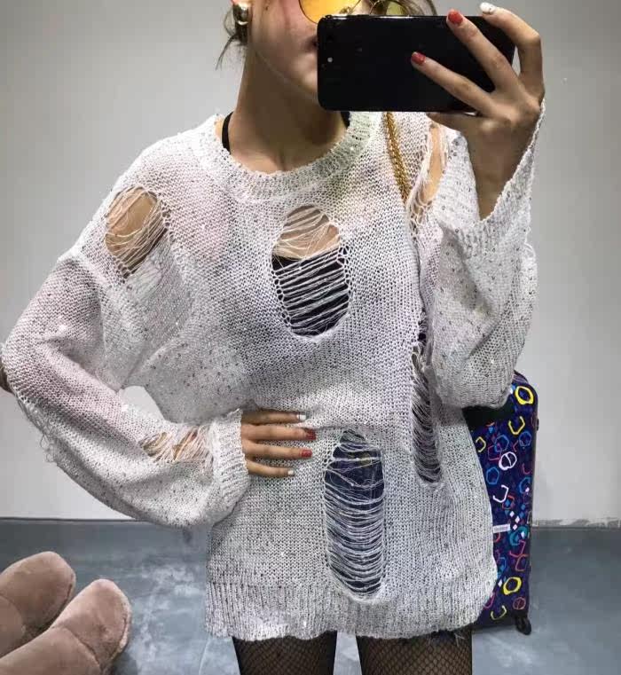 2017春夏新款全身镂空乞丐破洞亮片宽松韩版套头针织衫上衣女