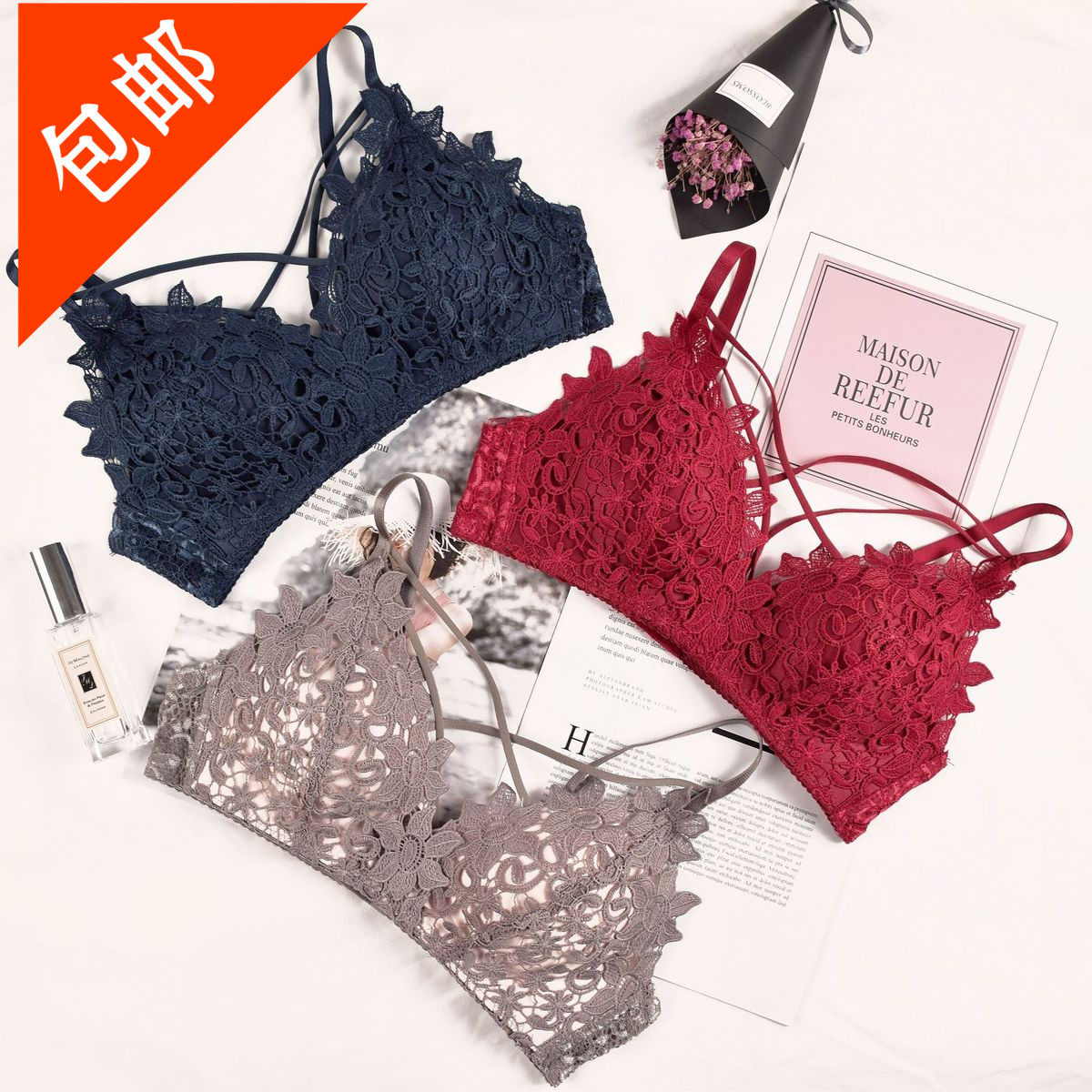 me 套装_kissme蕾丝薄款刺绣无钢圈胸罩套装小胸三角杯透气少女士内衣