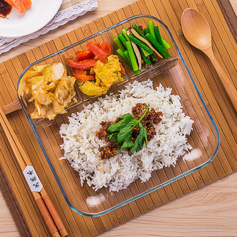 钢化玻璃分格餐盘快餐盘菜盘早餐水果盘西餐牛排盘带醋酱碟饺子盘