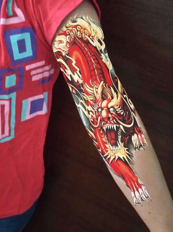 花臂纹身贴男_大花臂贴纸火麒麟全臂纹身贴防水男女逼真动物遮疤痕