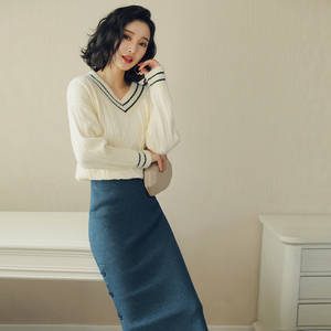 宽松针织V领套装裙春秋2019新款御姐女神范洋气显瘦包臀裙两件套