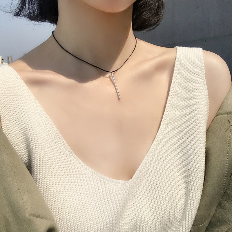 纯银锁骨链 女 简约_小麋人个性简约一字直棒原宿风黑绳s925纯银吊坠