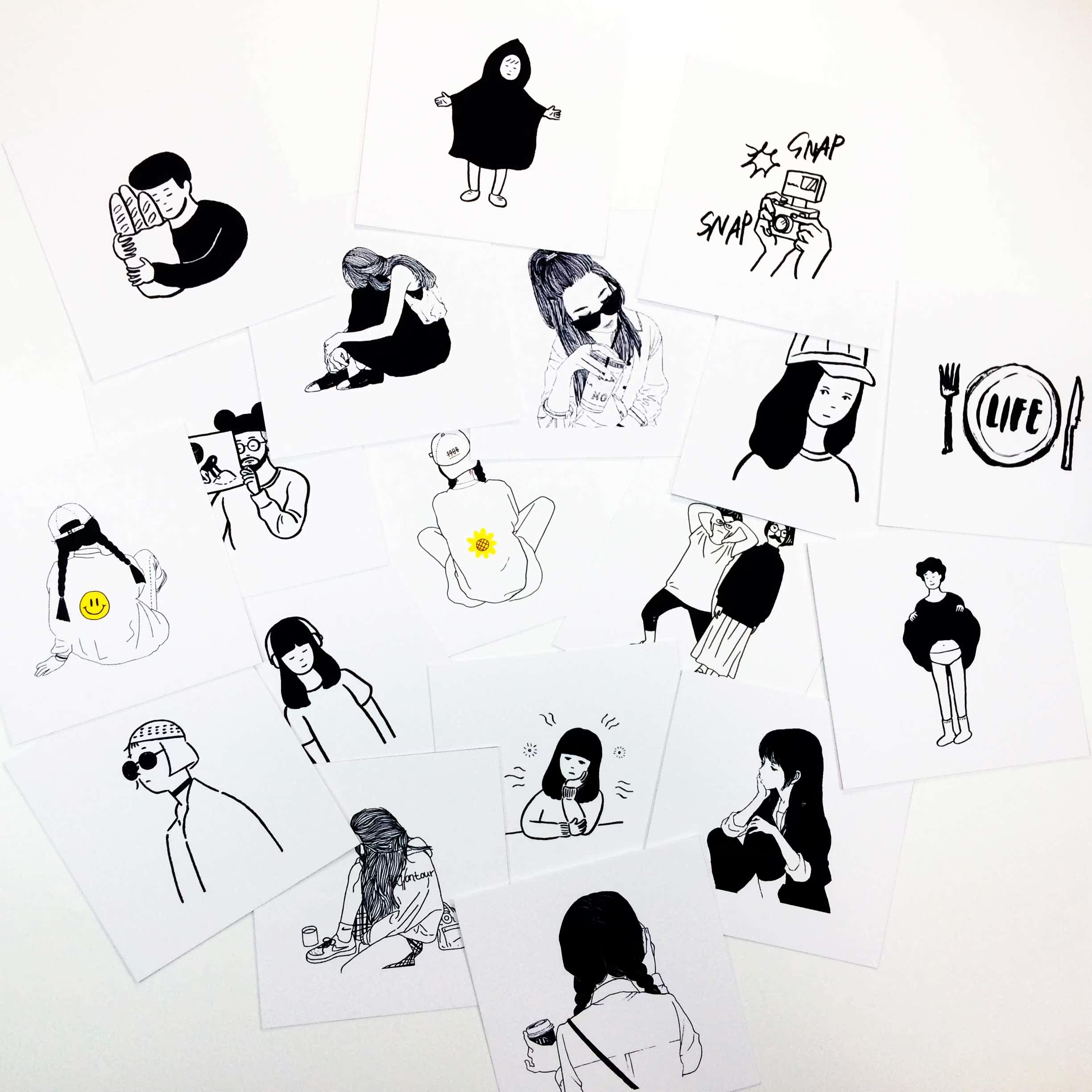 ins日韩风手绘人物插画卡纸 摄影摆拍道具 黑白简约线条拍照卡片