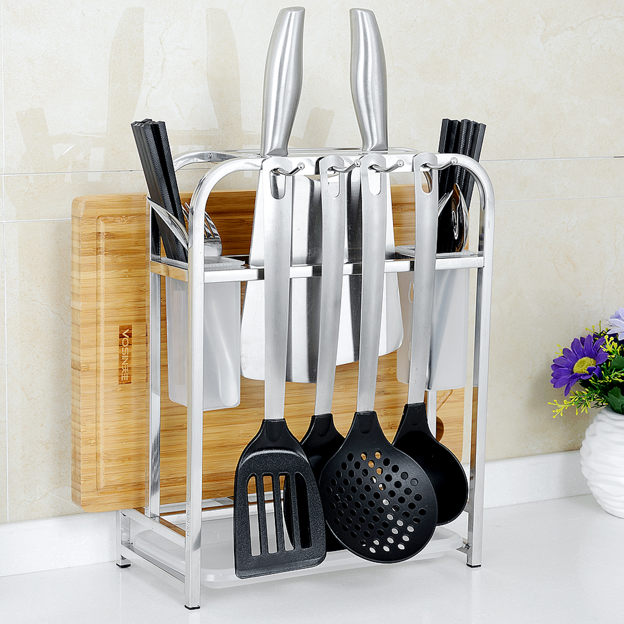 loke304不锈钢多功能厨房置物架用品刀架刀座砧板架筷笼菜板架子