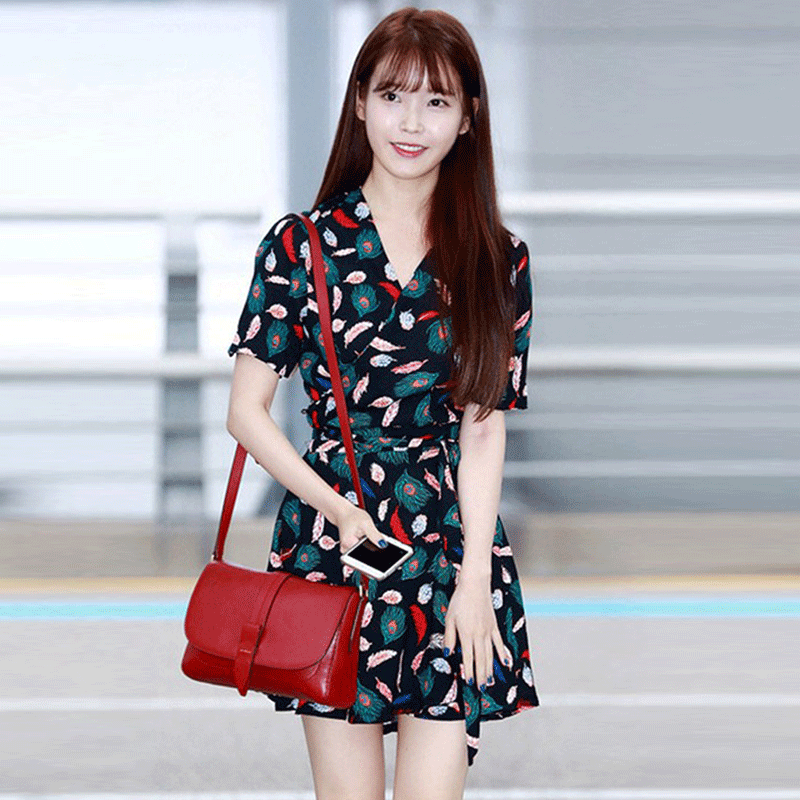 iu同款裙_iu李智恩同款2019新韩版连衣裙女夏v领收腰复古印花少女很仙