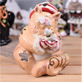 瑕疵特价出口美国大牌bluesky手绘陶瓷烛台装饰家居摆件猫图案