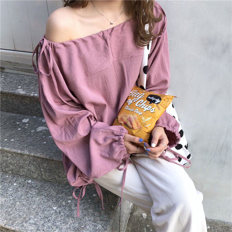 原宿漏肩上衣女 一字肩_bf一字肩上衣超仙欧货漏肩潮原宿女韩版一直肩