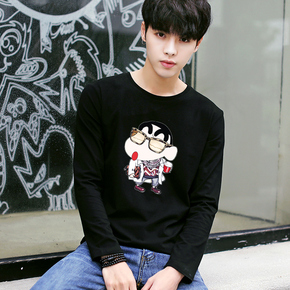 2018年秋季长袖T恤男圆领新款黑色男士纯色打