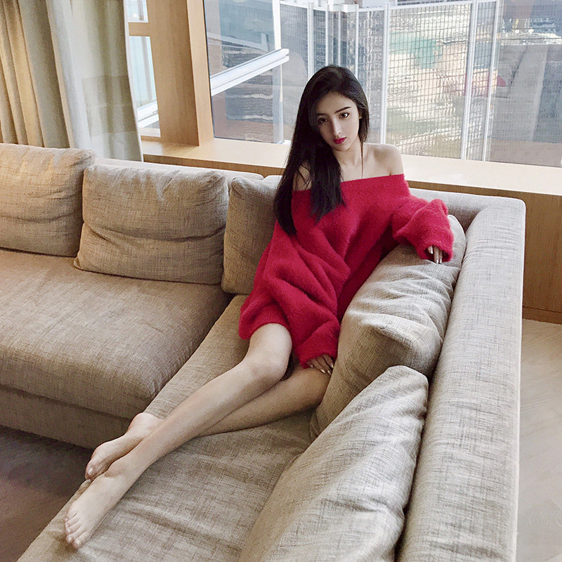 金金酷酷哒名媛气质灯笼袖毛衣女慵懒风套头宽松中长款毛毛针织衫