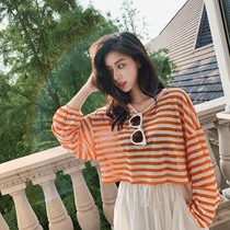 杨泡泡网红脏橘色条纹T恤女2019新款夏超薄微透长袖套头防晒衣