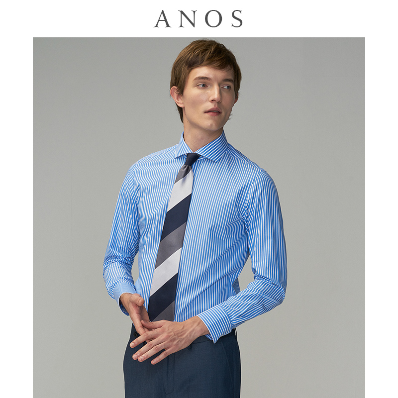 anos80支双股温莎领蓝色暗纹全棉长袖衬衫男商务修身免烫纯棉衬衣
