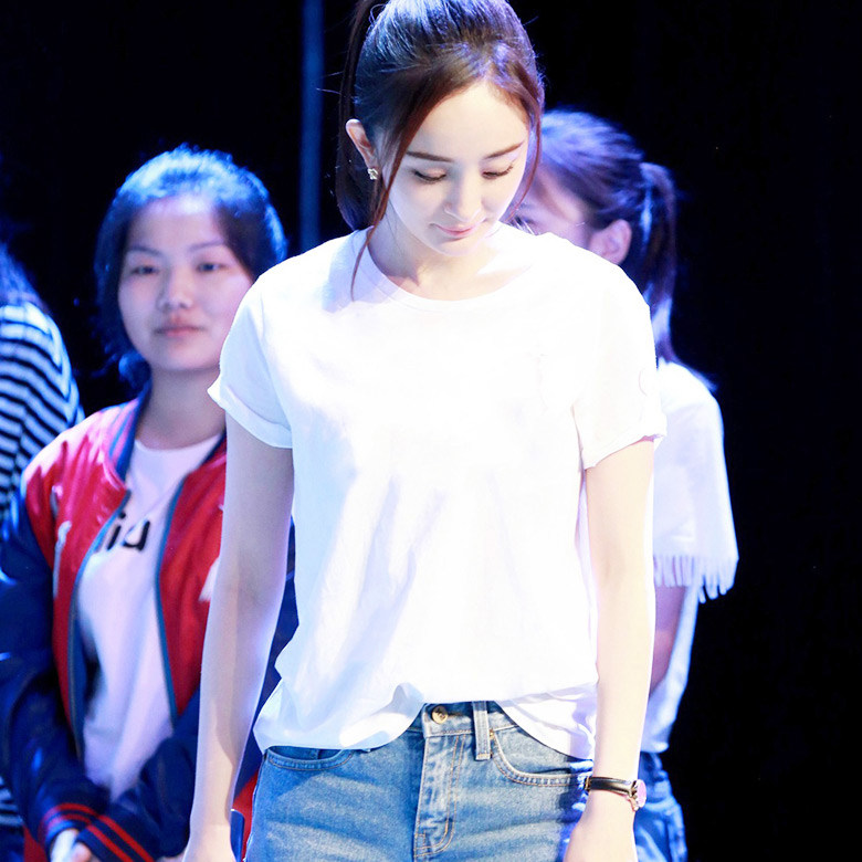 杨幂_杨幂明星同款白色t恤女短袖纯色棉质半袖上衣女夏2018新款体恤t