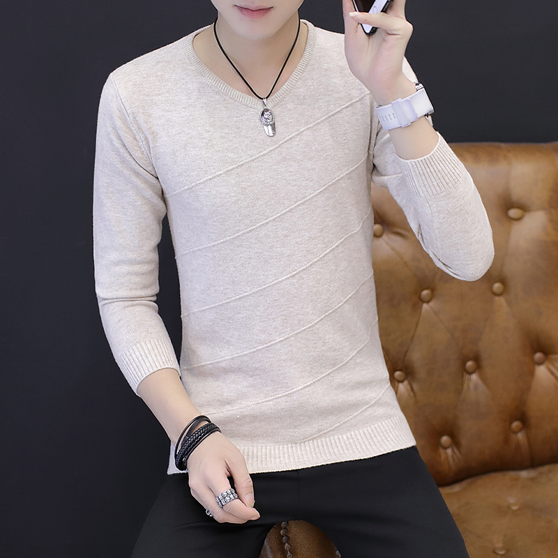 秋装男士长袖t恤青年薄款打底衫男装v领针织衫修身秋衣上衣外穿潮