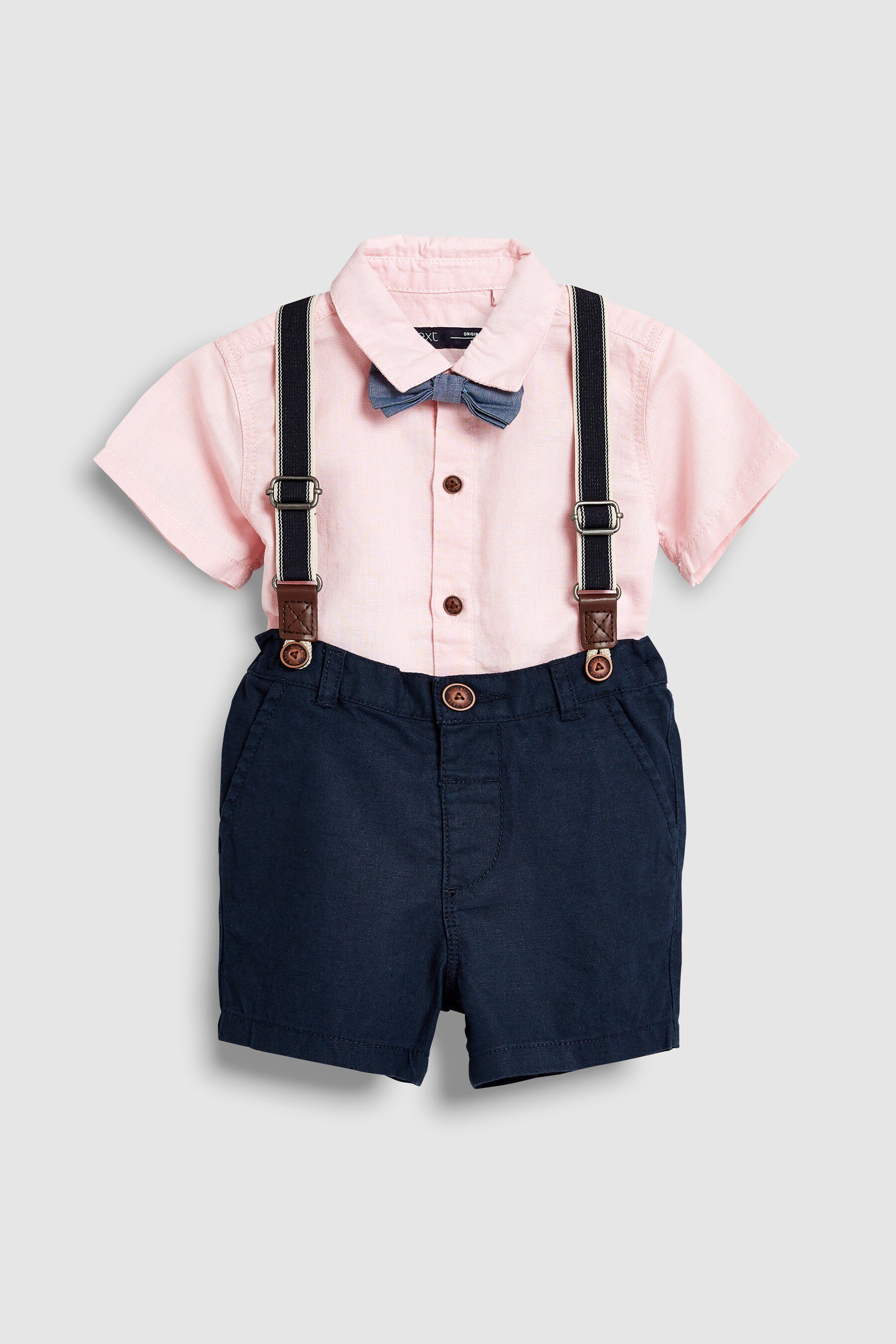 亚麻套装男童_英国next代购童装2019夏款男童粉色亚麻衬衣 吊带裤套装