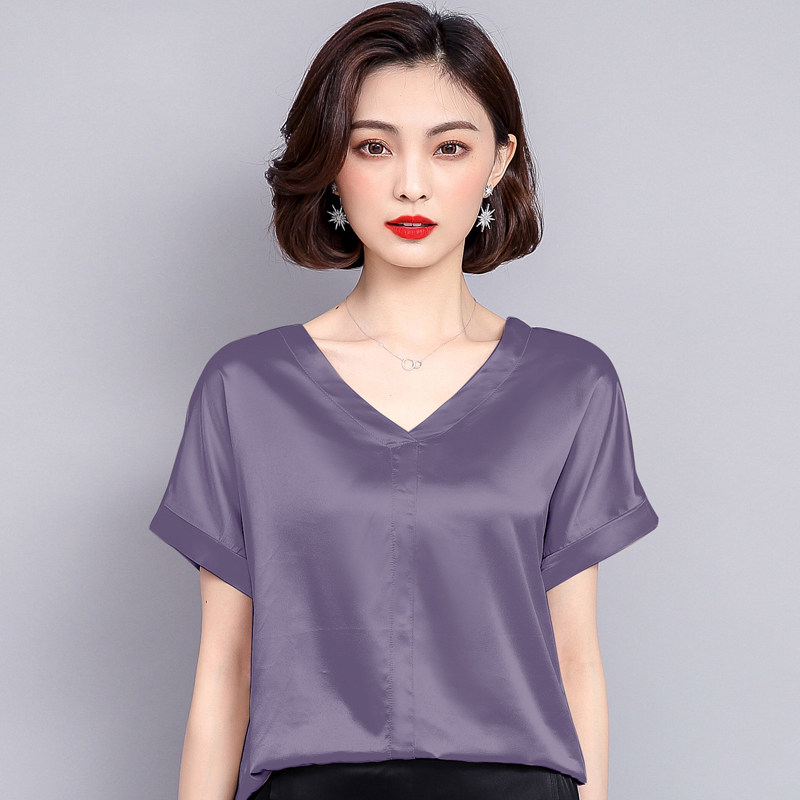 一折v领半袖t恤女_夏季新款宽松百搭半袖桑蚕丝t恤女短袖显瘦大码重磅