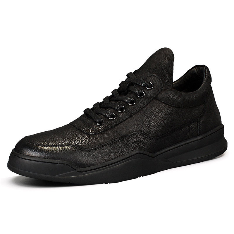 voerpaul2017秋季新品头层牛皮运动休闲男鞋防滑百搭全黑低帮单鞋