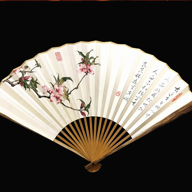 特价诗词定制_桃花扇 折扇 扇子 手绘工笔重彩 草书题诗词 优质扇面