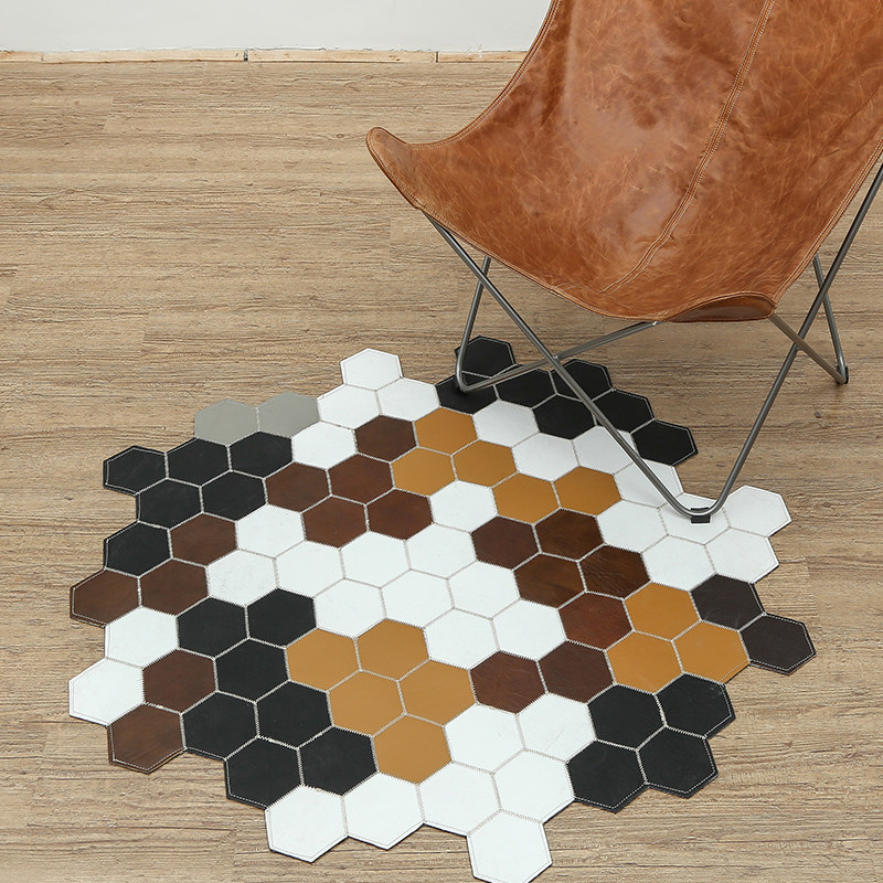 麻莫 牛皮拼接异形小地毯定制书房北欧几何客厅茶几垫卧室床边毯