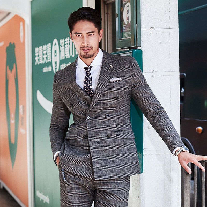 jdv男装 2018年秋季新品男士灰格双排扣休闲西服通勤时尚西装礼服