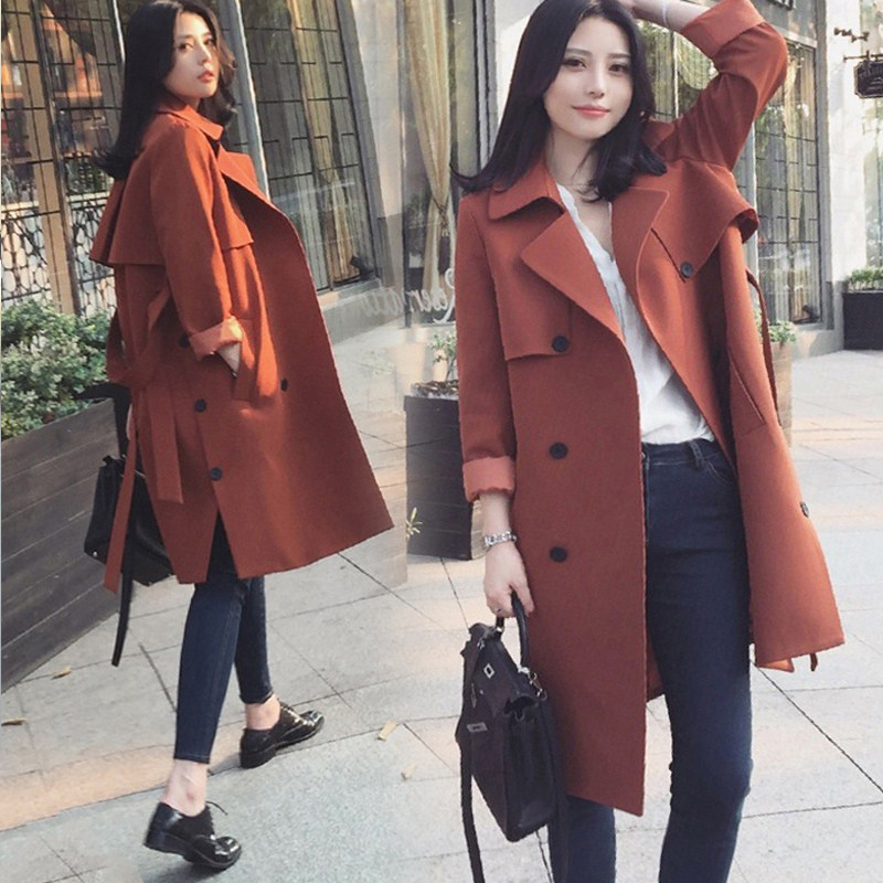 2017春秋季新款韩版风衣女中长款修身显瘦绑带焦糖色时尚女装外套