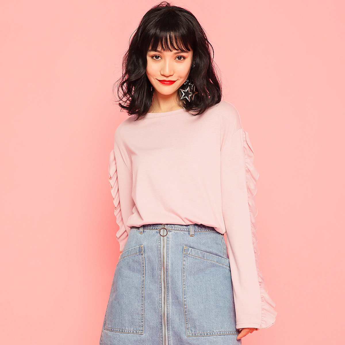 modifier 2017春装新款荷叶袖宽松长袖t恤女70007602优惠券