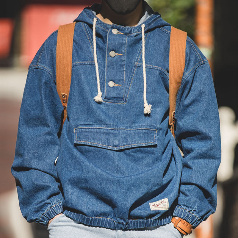 美式复古单口袋连帽外套阿美咔叽宽松牛仔套头卫衣男优惠券