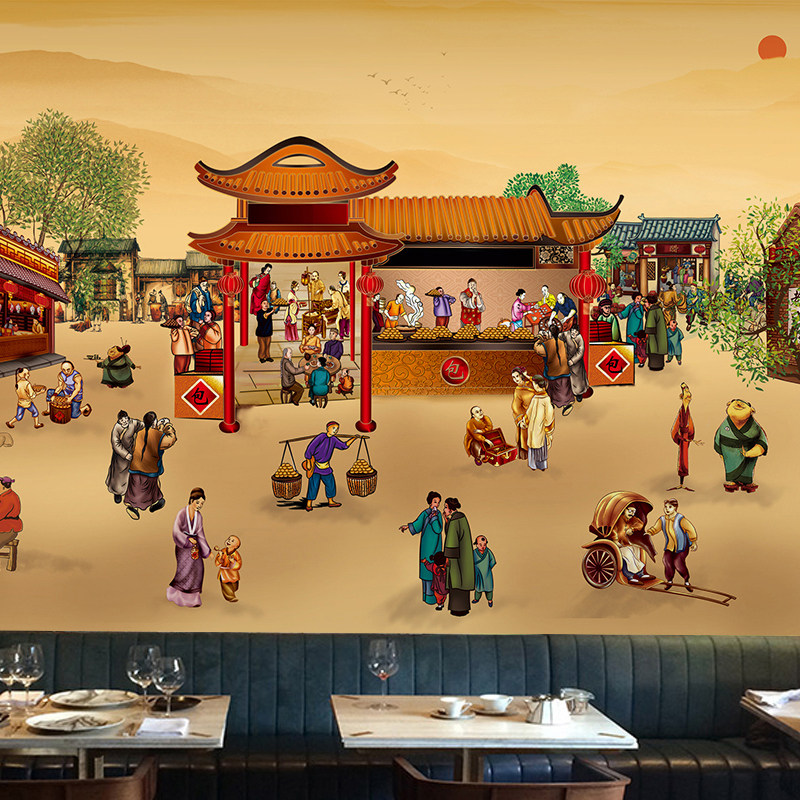 复古早点工装背景墙包子饺子馄饨壁纸手绘餐饮小吃店墙纸壁画优惠券
