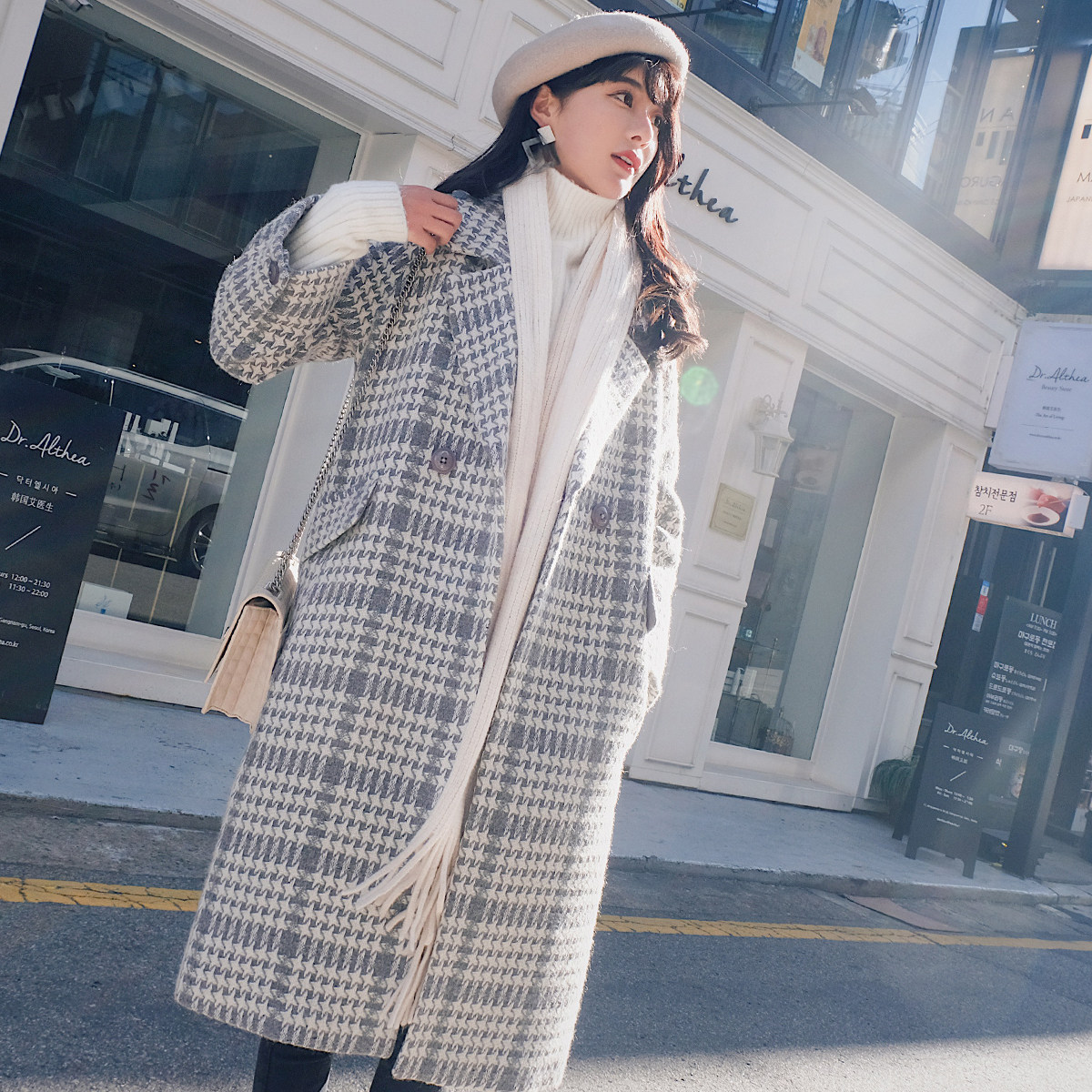 夏奈可可秋冬格子大衣女中长款韩版2017新款加厚毛呢外套chic呢子