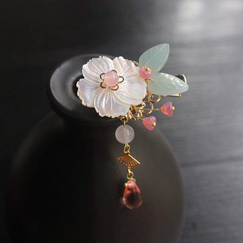 樱花汉服_手工古风饰品汉服配饰头饰花钿樱花扇子琉璃流苏发簪簪子