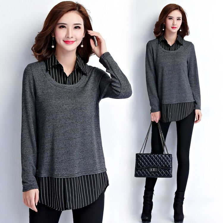 秋装新款大码女装中长款假两件长袖t恤女上衣女士外穿秋衣打底衫