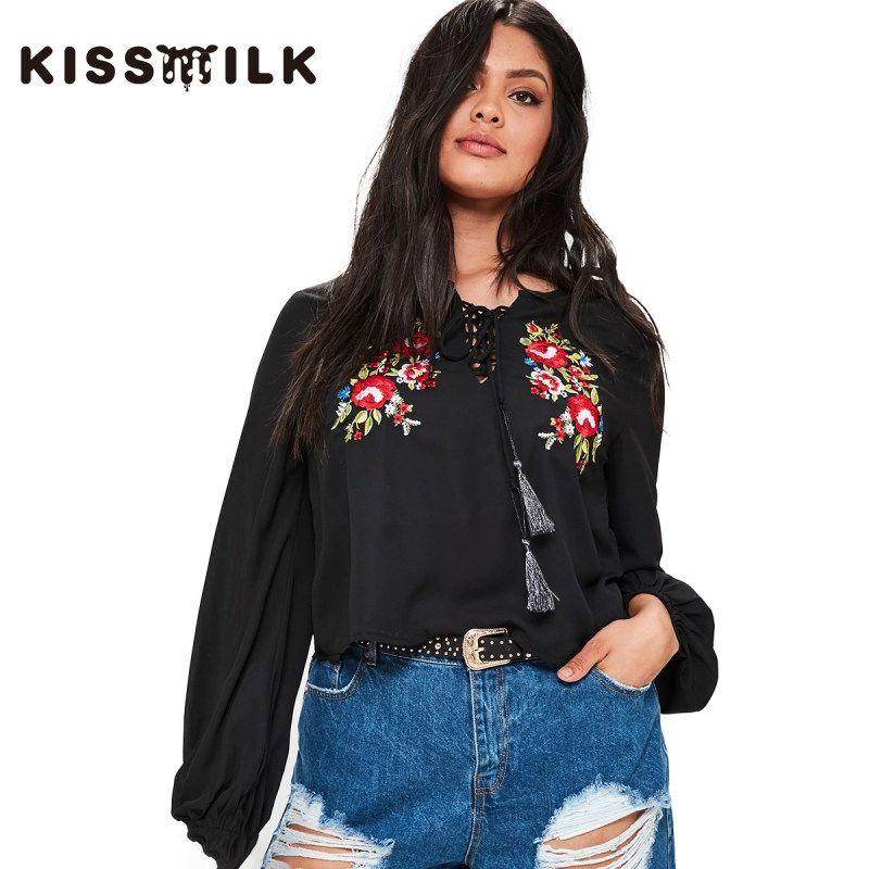 kissmilk大码女装2017夏秋新款衬衫欧美花朵刺绣系带灯