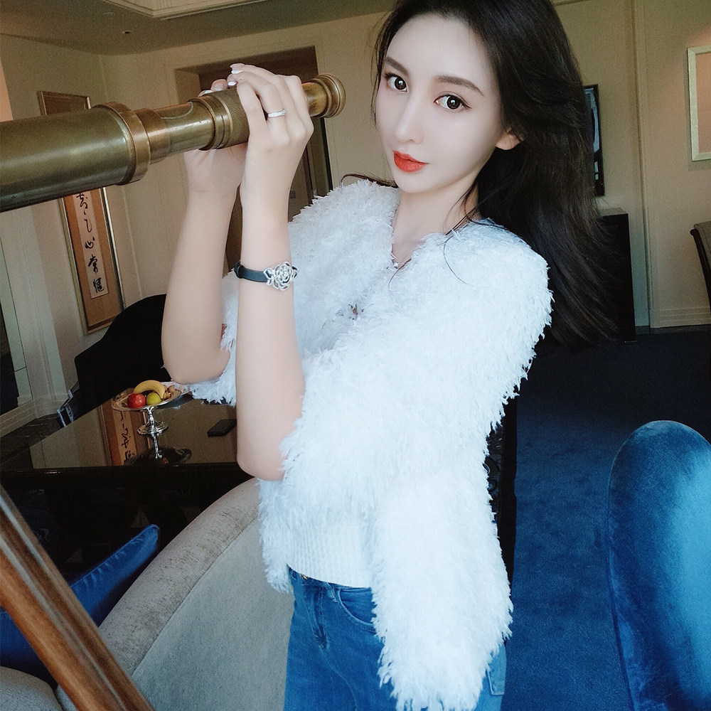 七分袖圆领外套女_veramoon纯色毛茸茸外套女叶珂秋季新款2018休闲七