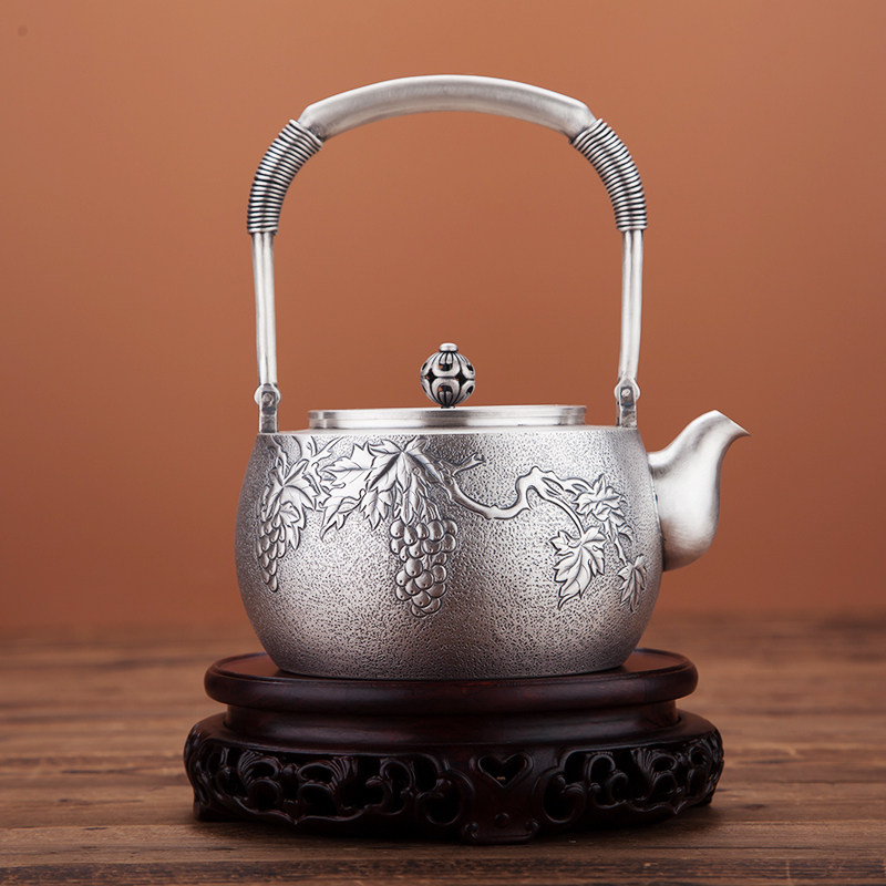 银壶 纯银999烧水壶 烧水银壶银壶手工葡萄壶子福葡萄掐丝银壶