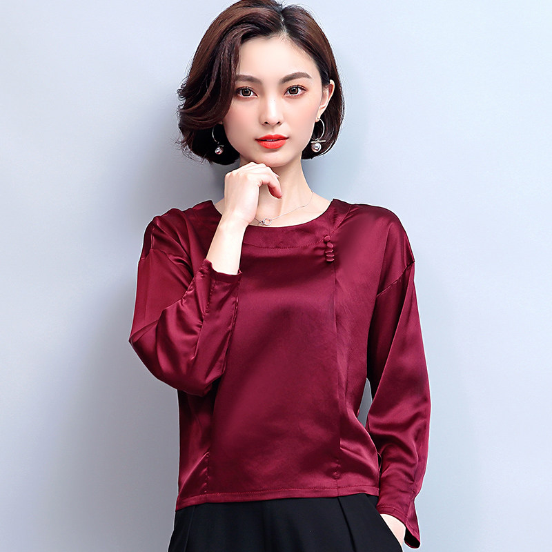 长袖真丝上衣t恤衫2018新款大码高档缎面小衫女装宽松桑蚕丝优惠券