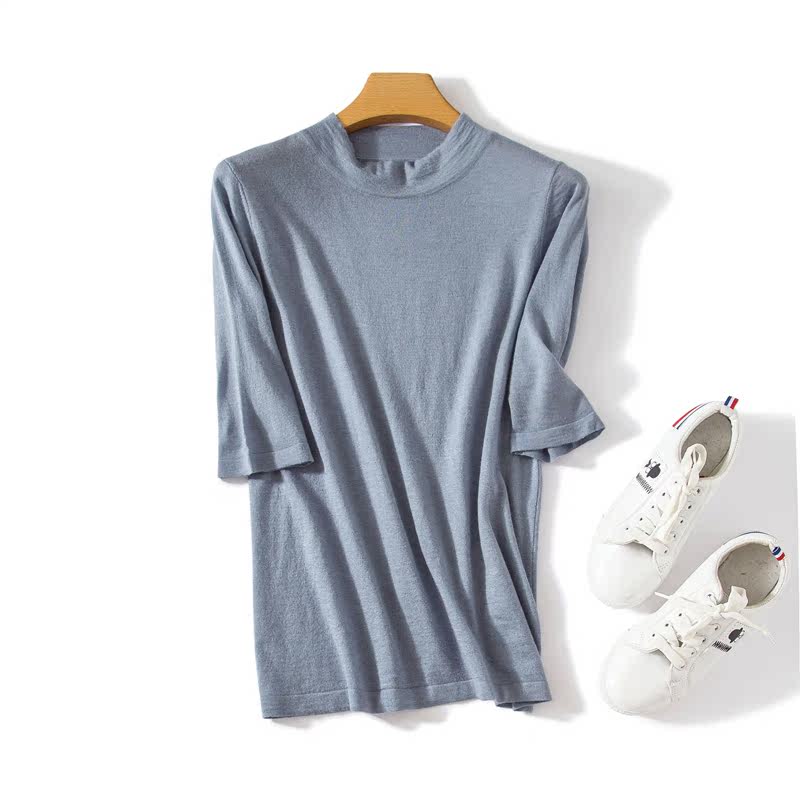 半袖针织衫女_精纺羊毛 三分袖半袖针织衫女半高领套头打底衫气质纯色