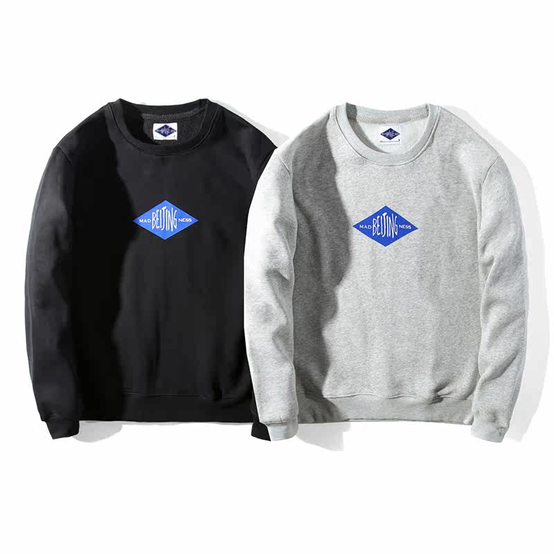 mane潮牌简约港风圆领卫衣男套头加绒印花学生外套宽松运动休闲