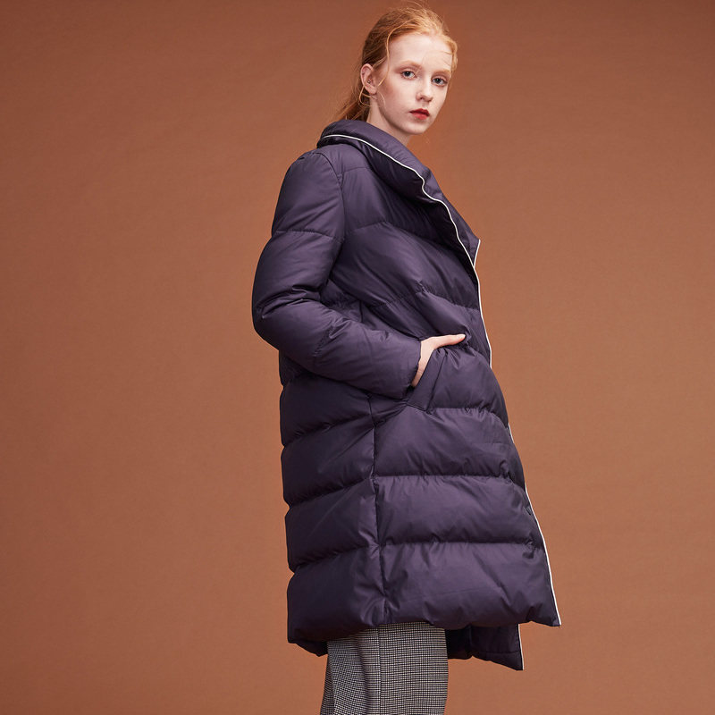 naivee/纳薇2017冬季新款睡衣风镶边翻领宽松羽绒服女中长款外套