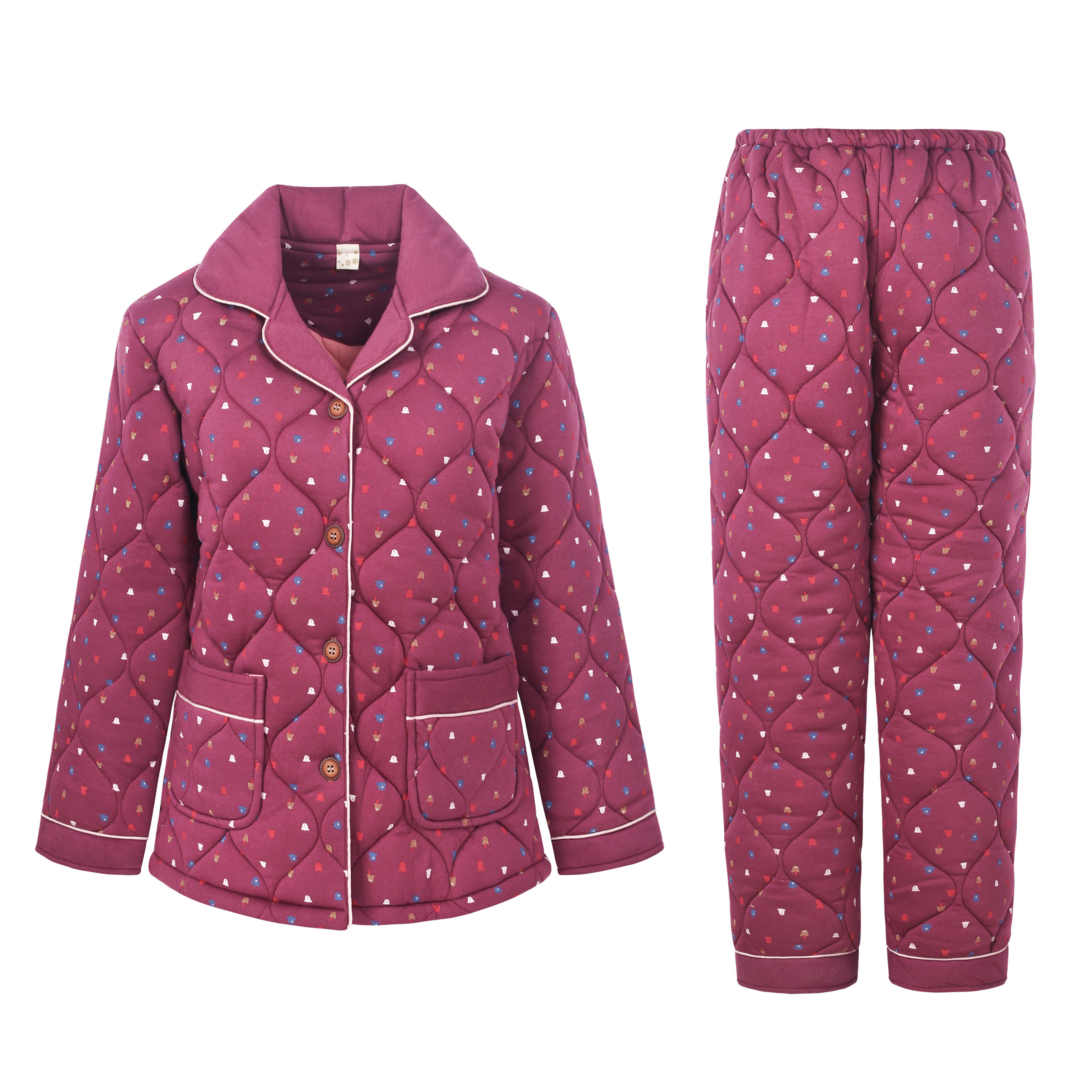 冬季夹棉睡衣女纯棉中年女士妈妈三层加厚全棉质家居服加大码套装