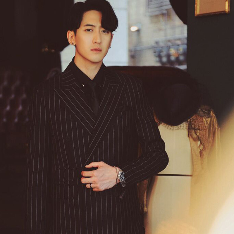 韩国品牌chris wang黑色条纹商务绅士风春秋季男士西装套装