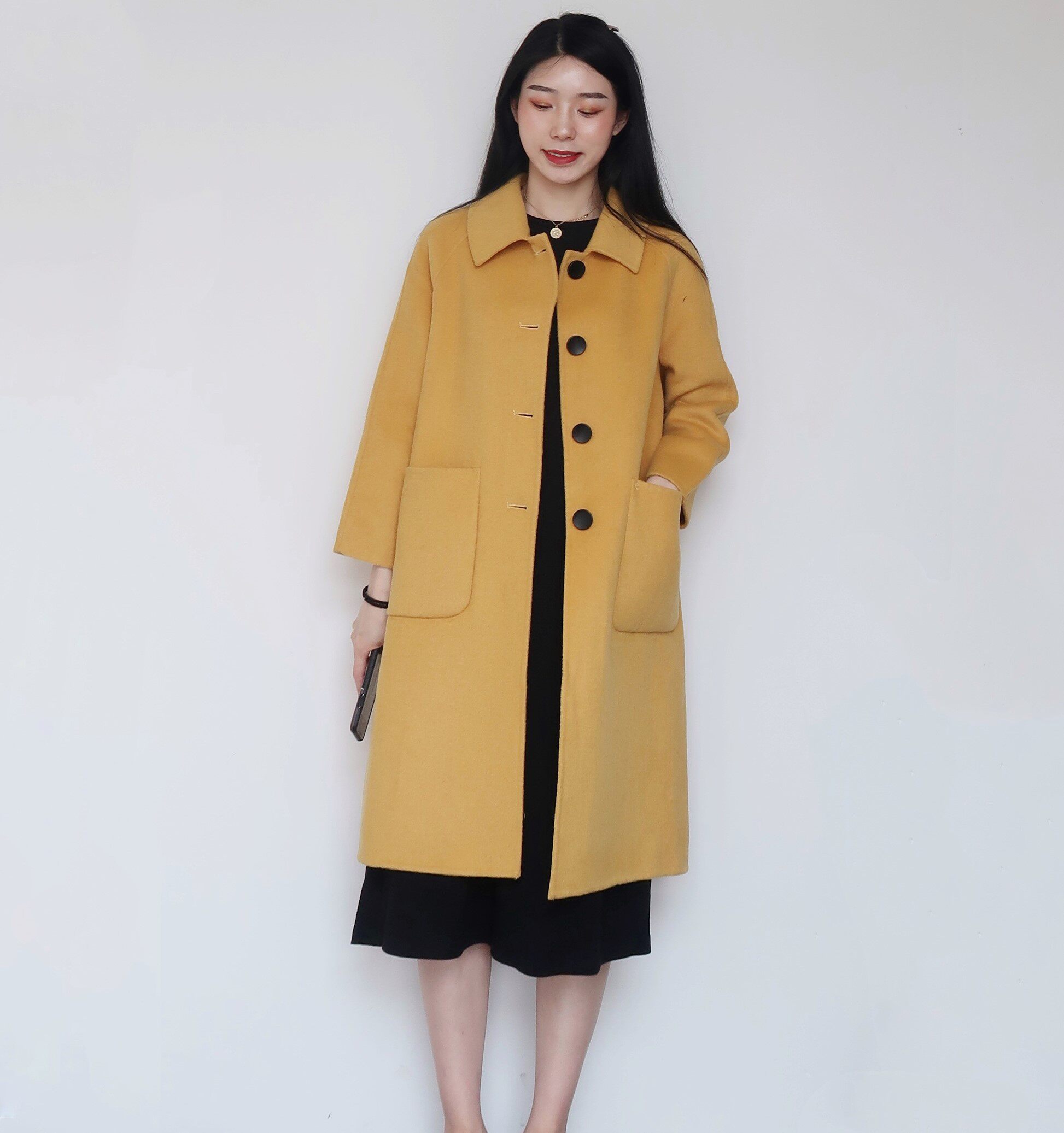秋新款中长款翻领韩版a字廓型单排扣手工双面绒羊毛大衣女款优惠券