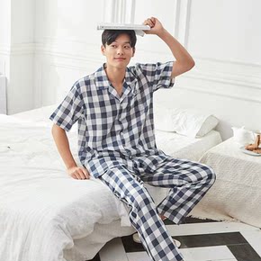 精雅2018夏季新款梭织色织格双层家居服短袖