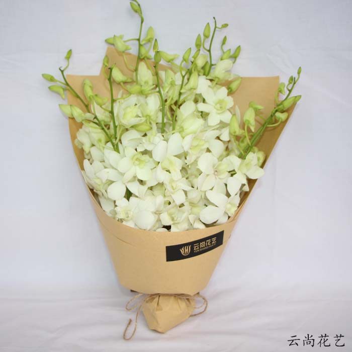 杭州鲜花速递全国同城自然风牛皮纸包装生日礼盒小花束白色石斛兰