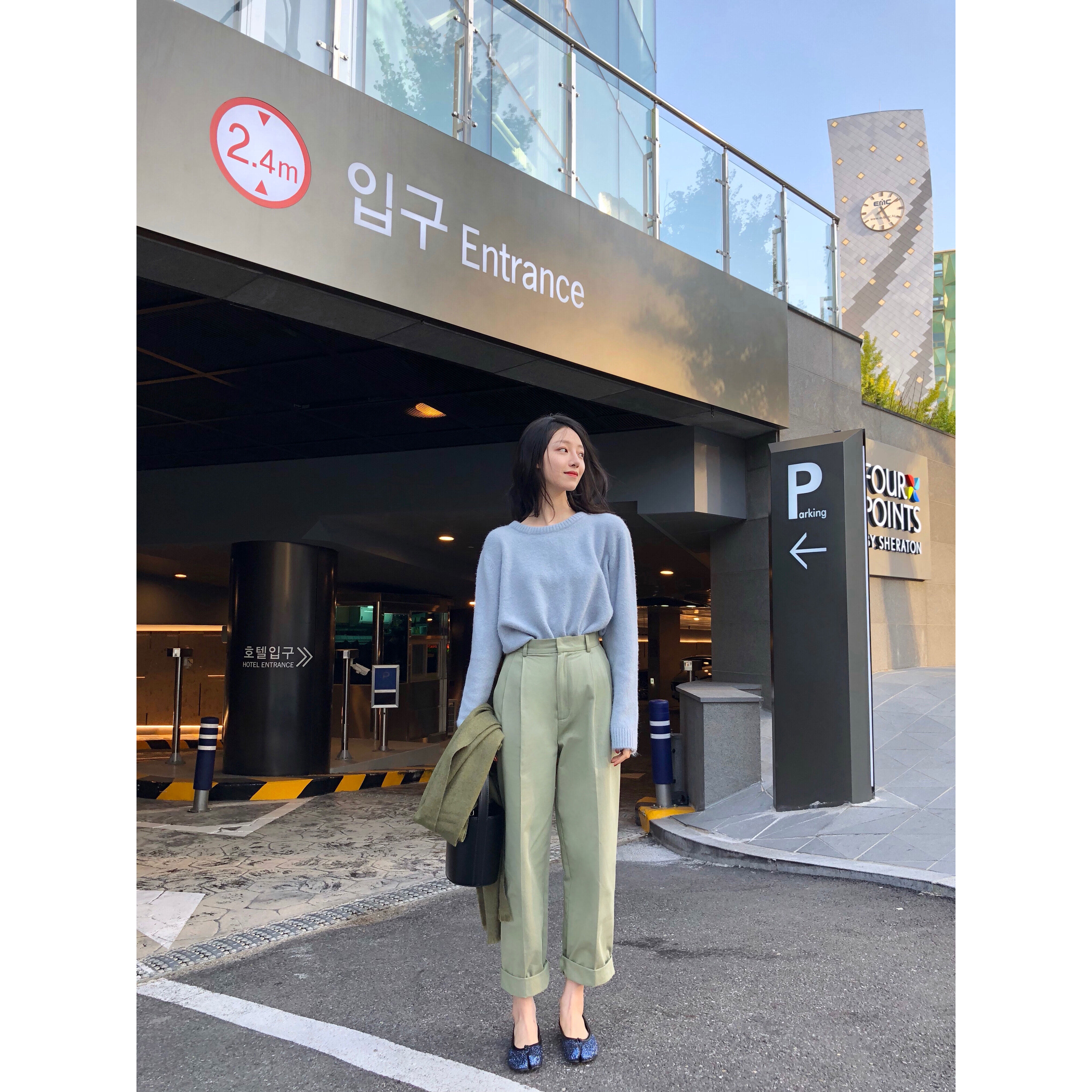 一折女士西裤_surblue高腰直筒裤女秋季2018新款豆绿色百搭宽松休闲