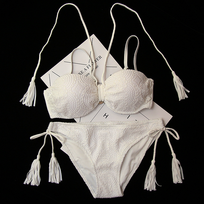 欧美性感黑色白色蕾丝大码三角聚拢比基尼显胸泳装分体沙滩泳衣女