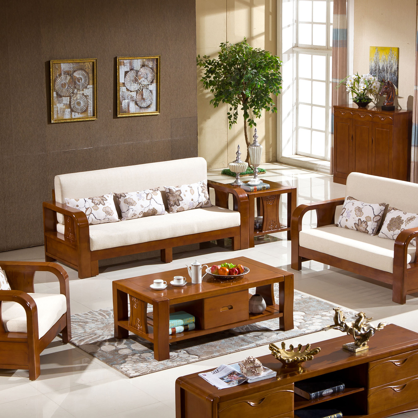 特价家用橡木家具客厅_实木橡木沙发现代简约中式沙发床客厅家用家具