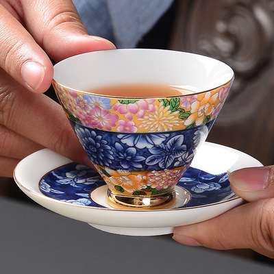 品茗杯陶瓷景德镇青花瓷个人杯斗笠单杯功夫茶具主人手绘小茶杯子