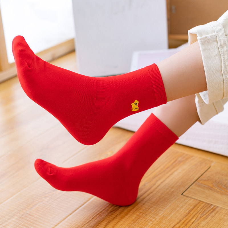 丰华2h346 女士中筒本命年踩小人鸿运袜 棉袜青年红色 女袜子 女
