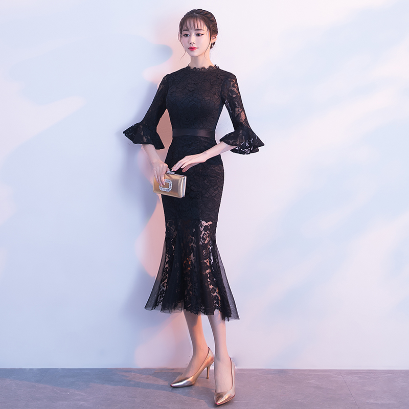 黑色晚礼服裙女2017新款宴会高贵优雅鱼尾名媛派对小礼服聚会修身