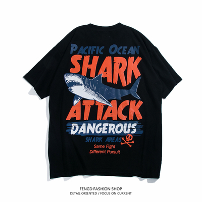 shark attack t恤 原创国潮 欧美街头嘻哈男女 鲨鱼短袖t恤男潮牌