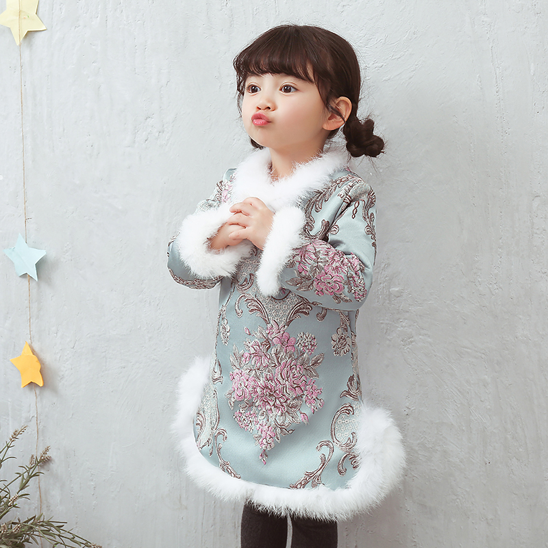 2017冬女童长袖旗袍儿童唐装连衣裙加绒宝宝公主红色拜新年服母女